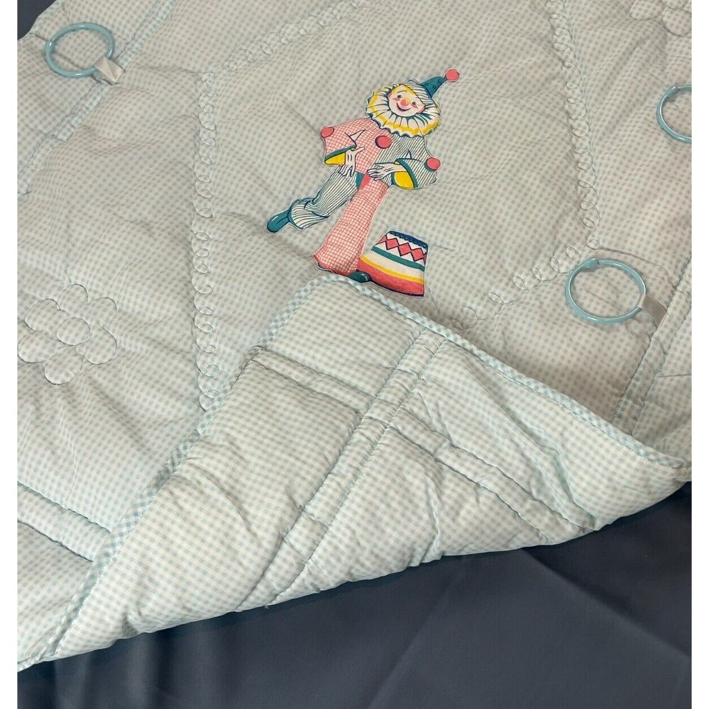 Vintage NOS Kozee Komfort Blue Gingham Clown Baby Quilt Blanket 35" X 47" - Picture 9 of 16